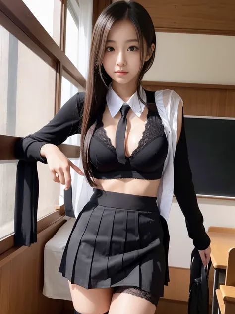 20 year old slim Japanese schoolgirl, long hair, school setting, black see through bra, sexy mini skirt, black stockings, upskirt (Photorealistic), (Beautiful face), (Masterpiece), (Correct anatomy) 