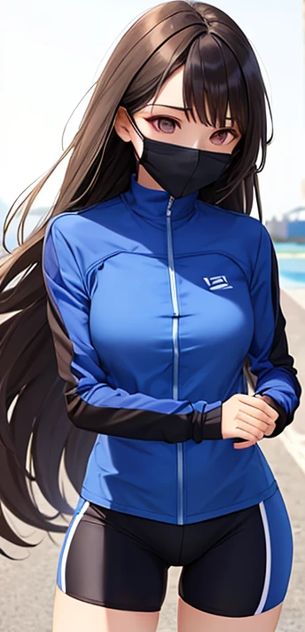 woman, mouth mask black, long hair brown, dark, she is solo, mouth mask close, from alternative world ,best quality, realistic, cycling blue suit and cycling cotton shorts