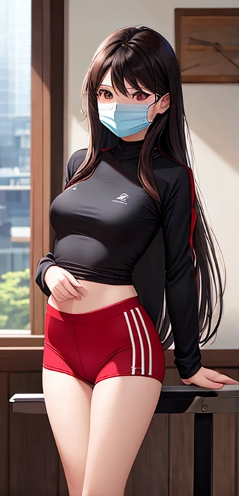 woman, mouth mask black, long hair brown, dark, she is solo, mouth mask close, from alternative world ,best quality, realistic, cycling red suit and cycling cotton shorts