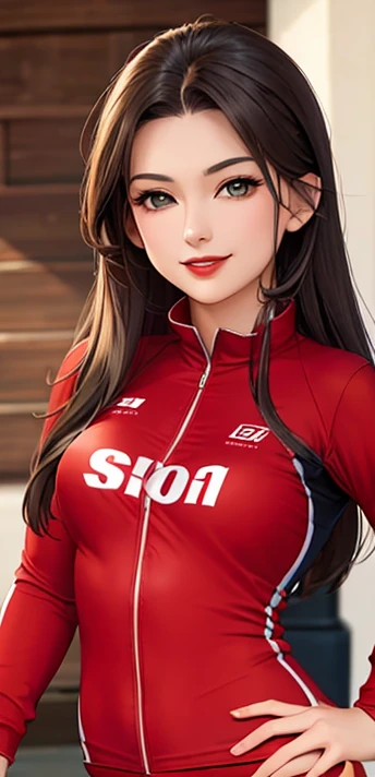 woman, smile, long hair brown, dark, she is solo, red lipstick, from alternative world ,best quality, realistic, cycling red suit and cycling cotton shorts