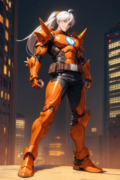 ((best quality)), ((masterpiece)), (detailed), 1 man, full body, 54 years old, elderly person, smiling, white hair, tied up hair, 1 ponytail, brown neck, tall, very thin, hunched over, long metal claws, spikes on forearms, brown details, brown fingerless g...