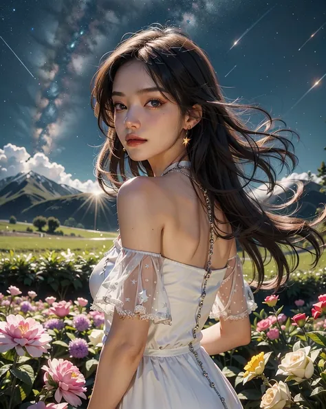   Breast Pump,  Masterpiece,   ultra high resolution  ,  realistic drawing , Raw images, 1 girl, 1 young man, White suit, Off shoulder dress, Flowers bloom in a field of flowers , glowing skin,  Sweet smile ,Virtual reality、 measurements、 HD、 Picture 、รูปข...