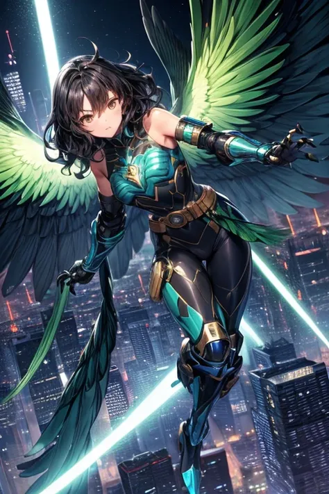 ((best quality)), ((masterpiece)), (detailed), 1 man, full body, 25 years old, brown eyes, wavy hair, short hair, black hair, tan skin, black neck, tall, slim, black beak, black details, a green parrot with a blue head on the side, metallic wings, wings on...