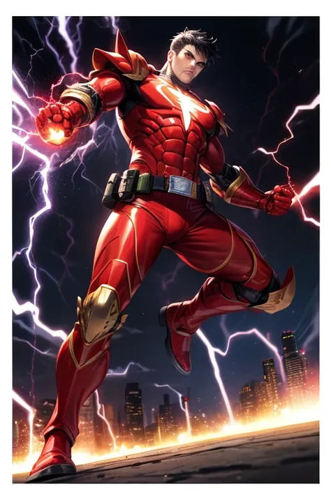 ((best quality)), ((masterpiece)), (detailed), 1 man, full body, 30 years old, short hair, black hair, brown eyes, soul patch, black neck, very muscular, very large , red armor, 2 large tubes, transparent electricity tubes on the chest, large red gloves, r...