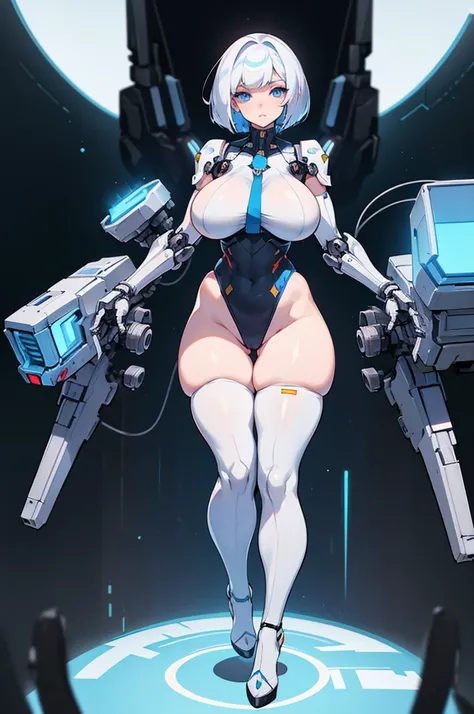 Cyberpunk, ((wide hips)), (( very wide hips)), (((colossal Thighs, gigantic thighs, very huge thighs, very big thighs))), big breast,, open toe heels, white high cut leotard, ((very pale skin)), soldier girl, huge breast, thin waist, tight stockings, bob c...