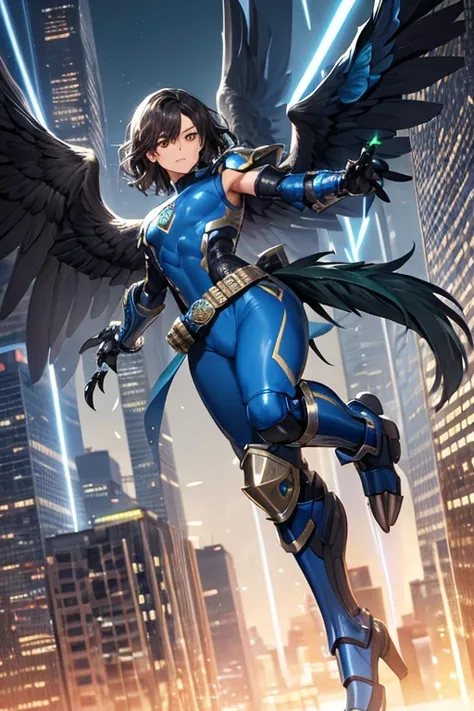 ((best quality)), ((masterpiece)), (detailed), 1 male, full body, 25 years old, brown eyes, wavy hair, short hair, black hair, tan skin, black neck, tall, slim, black beak, black details, metallic wings, wings on the arms, blue fingerless gloves, blue wris...