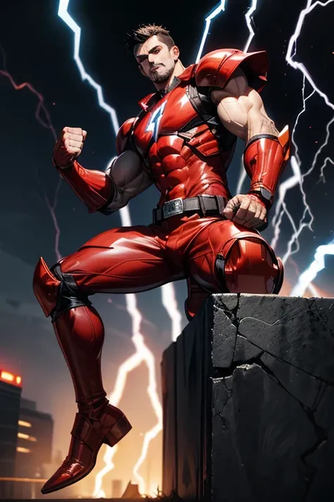 ((best quality)), ((masterpiece)), (detailed), 1 man, full body, 30 years old, short hair, black hair, brown eyes, soul patch, black neck, very muscular, very large , red armor, 2 large tubes, transparent electricity tubes on the chest, large red gloves, r...