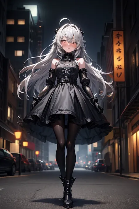 ((best quality)), ((masterpiece)), (detailed), 1 girl, Full body, s, embarrassed face, Silver eye, Blushing, Silver hair, Straight hair, long hair, ahoge, Bangs, Lock of hair covering right eye, Full body, very tall, small breasts, Slim body, Metal spikes,...