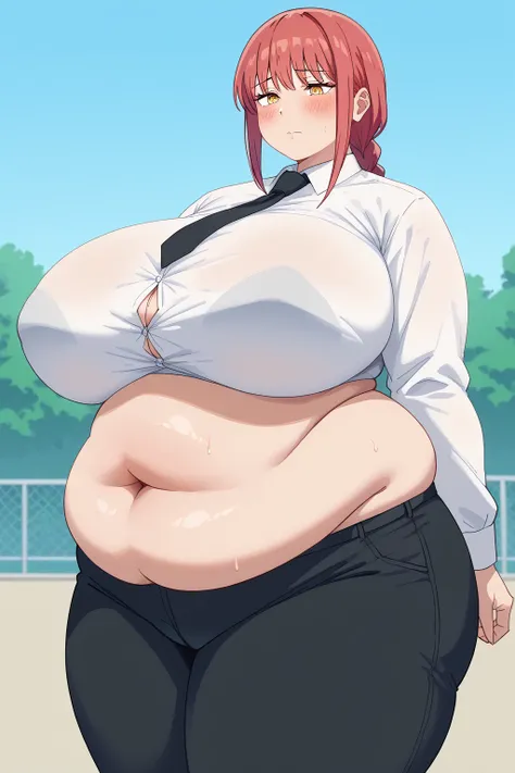 Makima, Makima,  long hair、bangs、 shirt、 Long Sleeve, yellow eyes, white  shirt、 braided 、 thighs、Red Hair、 ties, collared  shirt、 black pants 、black  ties,透けた shirt,gigantic breasts,enormous breasts,belly cleavage,Sloppy belly fat, I'm sweating a lot,spri...