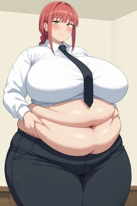 Makima, Makima,  long hair、bangs、 shirt、 Long Sleeve, yellow eyes, white  shirt、 braided 、 thighs、Red Hair、 ties, collared  shirt、 black pants 、black  ties,透けた shirt,gigantic breasts,enormous breasts,belly cleavage,Sloppy belly fat, I'm sweating a lot, dar...