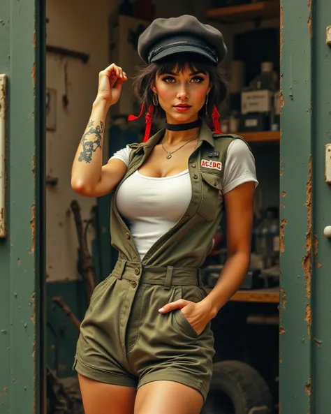 An illustration of a thin, petite, female classic car mechanic with black hair with bangs and sharp yet approachable features. She is wearing a white AC/DC t-shirt wrapped with unbuttoned khaki green uniform shirt with the letters "Suzy" over the pocket an...