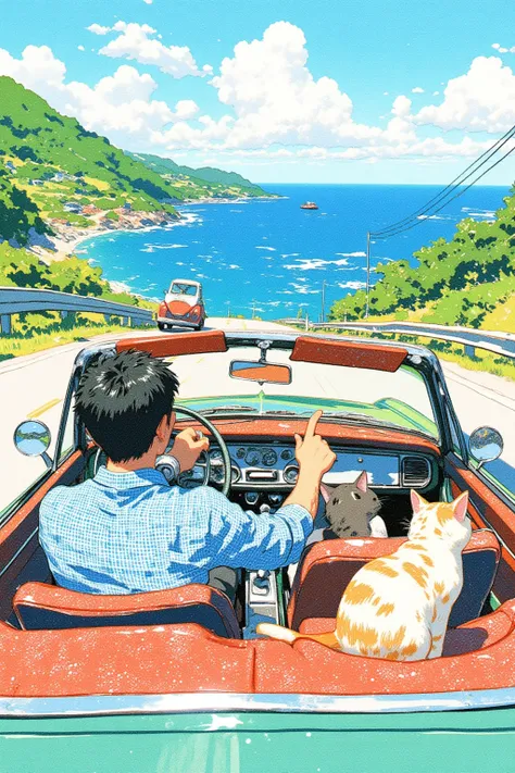  There is a man driving a convertible car and two cats in the passenger seat,A cat admiring the scenery ,a Pointellism  painting by Ayako Rokkaku,  Unsplash , Pointellism ,  lots of small details , Pointillism dots ,  graphic details ,  checked shirt , drawn with dots,  people with decorative patterns 々,  high-angle close-up ,  clear details,   very detailed pictures  , convertible cars running on a road with a view of the ocean , anatomically correct, Cats accurately