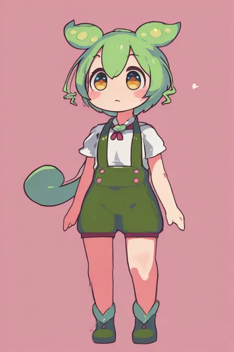 Girl with green as the base color
long hair
overalls
green hair
Edamame hair ornament
anime style
Deformed characters　Zundamon　Mischievous face