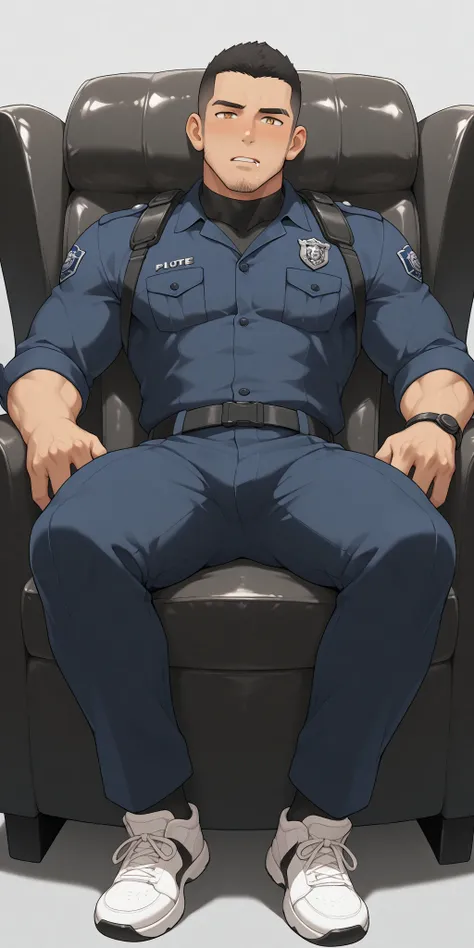 anime characters：Gyee, whole body, buzz cut, Led 机械 tech eye mask, In a clean and tidy bedroom, Sit on an upscale sofa massage chair, The top is all meat pads, It has lots of milky white mucus on it, He grits his teeth, He is wearing a Dark Black police un...