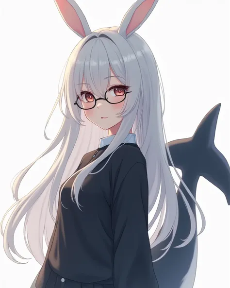 A very hot age girl with white rabbit ears and long hair and wearing round black glasses with a gentle smile on her face and black clothes and an orca's tail, anime version 