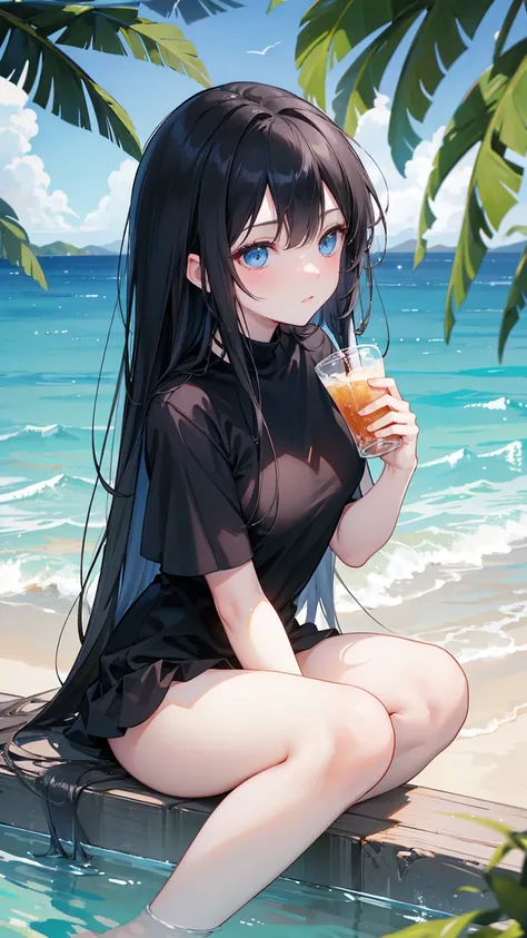  long black straight hair , swimsuit,  blue eyes ， Holding a soda , Relaxation posture, sit, review, HEALTHY SKIN , Outdoor scenery, Blue sky, Bright natural lighting ,  and the sun shines in from the top left, Warm and soft atmosphere, Side Angle, Moderat...