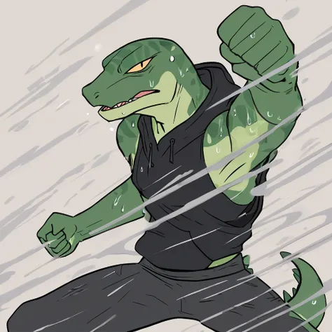 A handsome lizard man with green scales, wearing a black sleeveless hoodie, sweat-drenched, warrior, fighting pose, wounded, (flat color)