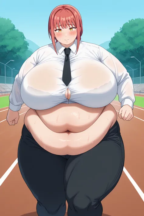 Makima, Makima,  long hair、bangs、 shirt、 Long Sleeve, yellow eyes, white  shirt、 braided 、 thighs、Red Hair、 ties, collared  shirt、 black pants 、black  ties,透けた shirt,gigantic breasts,enormous breasts,belly cleavage,Sloppy belly fat, I'm sweating a lot,((ru...