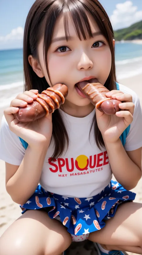 score_9, score_8_up, score_7_up, Super detailed, Break masterpiece, high quality, ultra detailed, ultra high-resolution, ultra realistic, 32k, (A Japanese young girl), Solo, (realistic and detailed young body), squatting with spread legs, (She eats the sau...