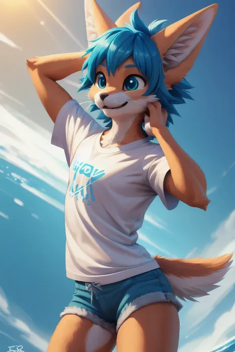 bicolor, (rexouium:1.1), cute expression, (t-shirt), dynamic movements, render, anime, comic, soft fur, perfect composition, 2/3 up portrait, dynamic pattern, wearing shorts, teal light, good light, flowy hair, gorgeous defined eyes, sharp, in focus, sy3 s...