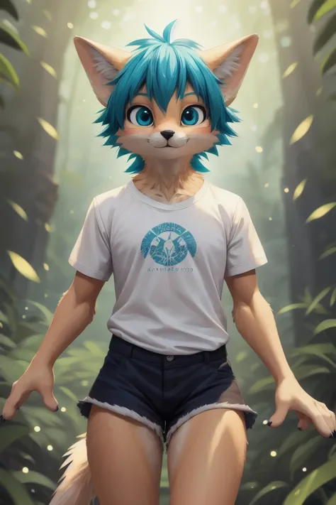 bicolor, (rexouium:1.1), cute expression, (t-shirt), dynamic movements, render, anime, comic, soft fur, perfect composition, 2/3 up portrait, dynamic pattern, wearing shorts, teal light, good light, flowy hair, gorgeous defined eyes, sharp, in focus, sy3 s...