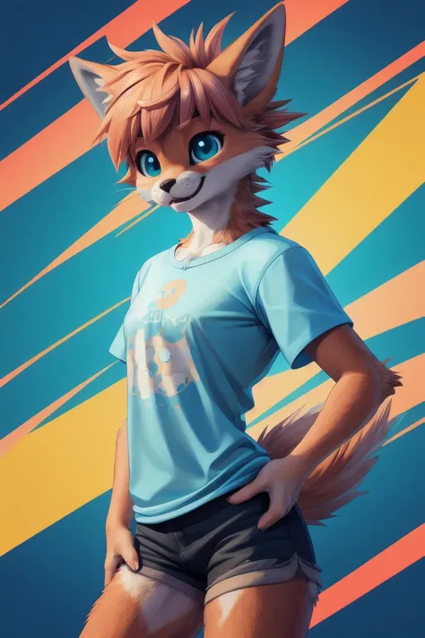 bicolor, (rexouium:1.1), cute expression, (t-shirt), dynamic movements, render, anime, comic, soft fur, perfect composition, 2/3 up portrait, dynamic pattern, wearing shorts, teal light, good light, flowy hair, gorgeous defined eyes, sharp, in focus, sy3 s...