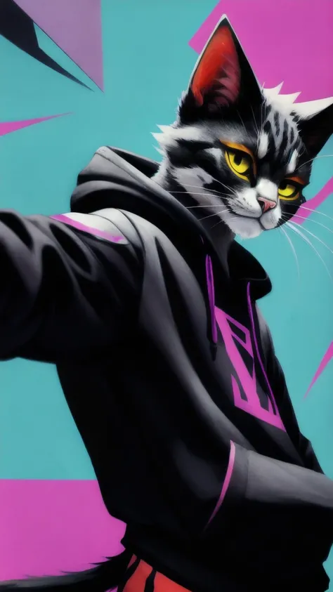 anthro cat, swaggy, defying look, angular style, edgy, bottom view, strong perspective, colorful, detailed style, (portrait:0.7), techwear hoodie, abstract background, relaxed, side view,