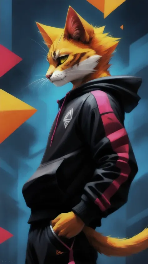 anthro cat, swaggy, defying look, angular style, edgy, bottom view, strong perspective, colorful, detailed style, (portrait:0.7), techwear hoodie, abstract background, relaxed, side view,