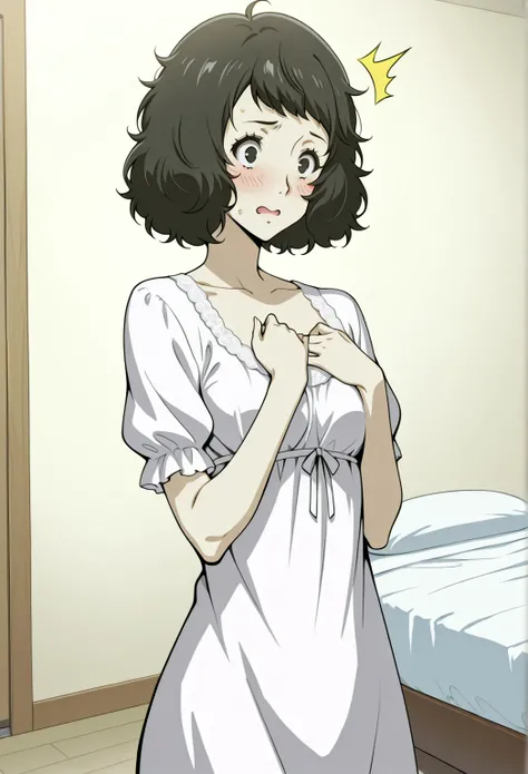 1 girl, solo, cute face,
p5kawakami, short hair, black hair,
p5kawakami-reg, bedroom, nightgown, blush, hands on chest, nervous expression, shocked expression