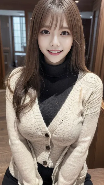 floppy smile, ((( turtleneck sweater、 yarn cardigan ))), (((Masterpiece,  high resolution,  High Quality , delicate, Ultra- high resolution, 8k)))  1 woman,    Beautiful Legs, sunlight, Winter clothes, Nogizaka Idol、Korean Idol、 Big Boobs , 