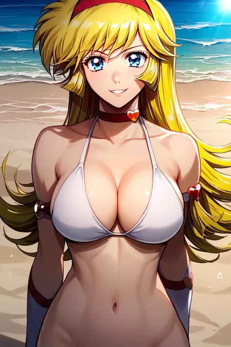 ((Kisaragi Honey :1.4)), ((masterpiece,  best quality ,  High Resolution , different_Image )),  Extremely beautiful and exquisite , Extremely fine,   intricate details  ,  1girl ,  solo , ( Blonde Hair:1.1), (( white bikini:1.3)), (headband, red),  breaks ...