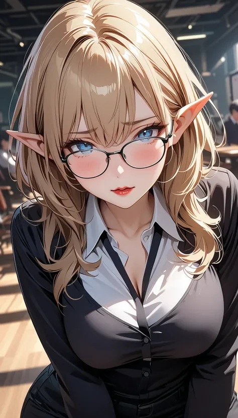 ((masterpiece)),  best quality ,  SUPER DETAILS,  high resolution,  extremely detailed CG integrated 8K wallpaper, HQ_HDR, (angle), (((wear glasses))), (Slutty female teacher elf with big breasts), blonde green, wavy ponytail ,  beautiful face in high defi...