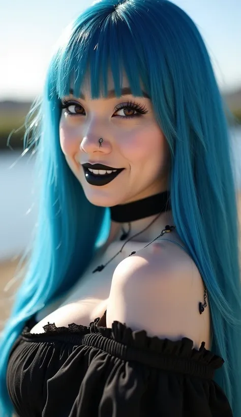 High resolution, best quality, full body camera angle, zoomed out, anatomically correct, 1woman, solo,korean, blunt bangs, hottie, goth/alternative, long blue dyed hair, pale skin, black eyes, make up, winged eyeliner, shiny black lipstick, looking at view...