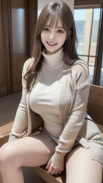 (((Open legs:1.5))), floppy smile, ((( turtleneck sweater、 yarn cardigan ))), (((Masterpiece,  high resolution,  High Quality , delicate, Ultra- high resolution, 8k)))  1 woman,    Beautiful Legs, sunlight, Winter clothes, Nogizaka Idol、Korean Idol、 Big Bo...