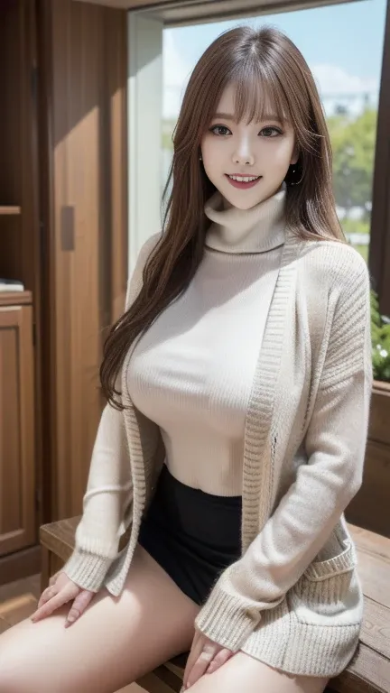 ((( hands behind))), (((Open legs:1.5))), floppy smile, ((( hands behind))), ((( hands behind))), ((( turtleneck sweater、 yarn cardigan ))), (((Masterpiece,  high resolution,  High Quality , delicate, Ultra- high resolution, 8k)))  1 woman,    Beautiful Le...