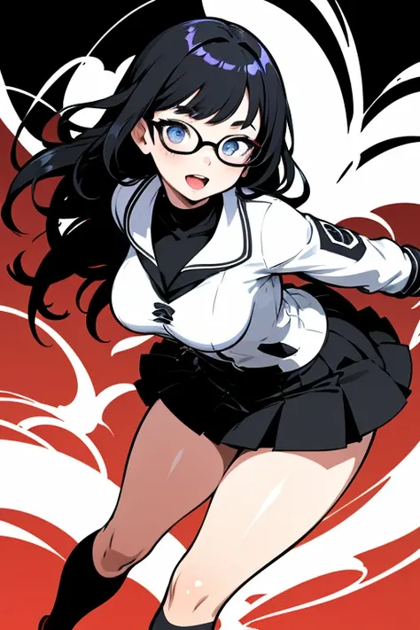  Line Art、 Strong Lines 、Big glasses、 black and white、 long hair、Kuvshinov, ( ilya Kuvshinov ), ,,  gapmoe, grimdark, Black Hair、Black tight knit、 breeches skirt、 White Leather Jackets,艦隊これくしょん best quality :1.24K, 8k,  studio animation,  very detailed, up...