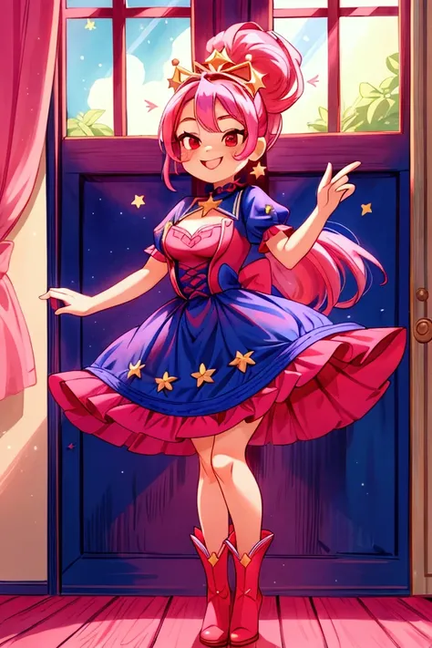 (masterpiece, best quality) standing, indoor, intricate detail, sunlight, dar blue navy frill dress, red boots, pink hair with a high ponytail, smile face, red eyes, cute stars diadema, smiley and sexy expression, sexy pose, coquette, gorgeous legs, mature...