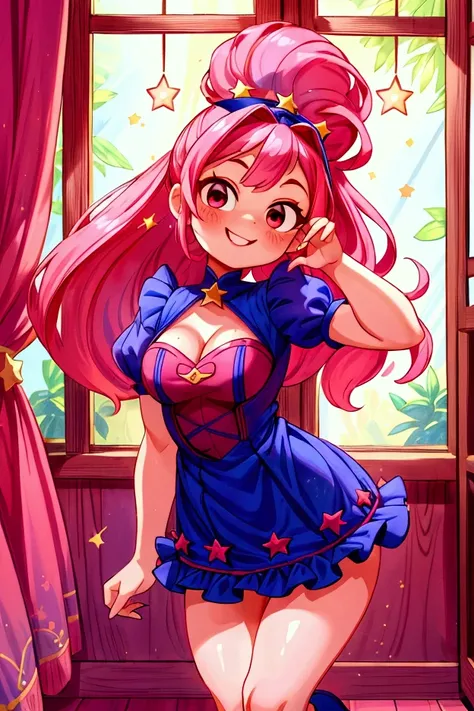 (masterpiece, best quality) standing, indoor, intricate detail, sunlight, dar blue navy frill dress, red boots, pink hair with a high ponytail, smile face, red eyes, cute stars diadema, smiley and sexy expression, sexy pose, coquette, gorgeous legs, mature...