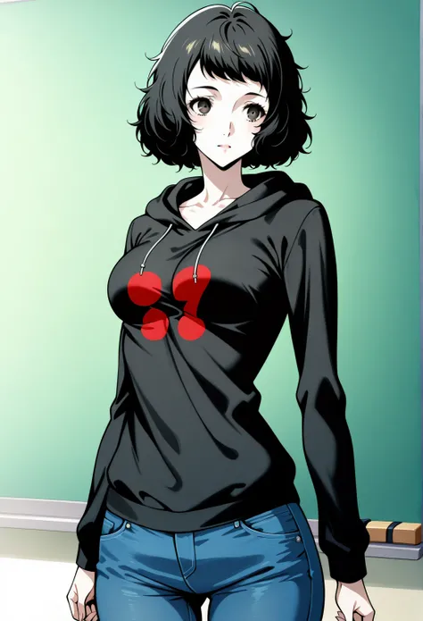 1 girl, solo, cute face, medium breasts
p5kawakami, short hair, black hair,
p5kawakami-reg, black t shirt, black hoodie, jeans, classroom, teaching