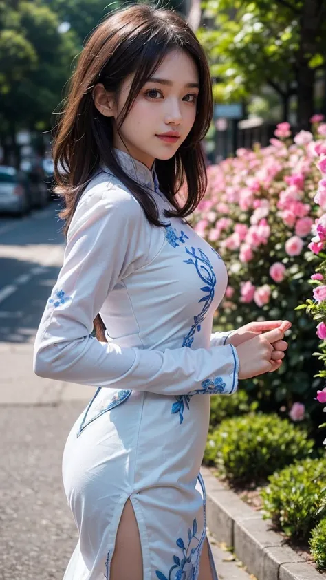 ai_kase, (Spring flower street:1.3), ((A flower garden filled with colorful flowers)), (A beautiful girl is walking down Flower Street:1.3), (Standing by the flower bed), (A beautiful girl with a calm and warm atmosphere.), (She is wearing an Ao dai with b...