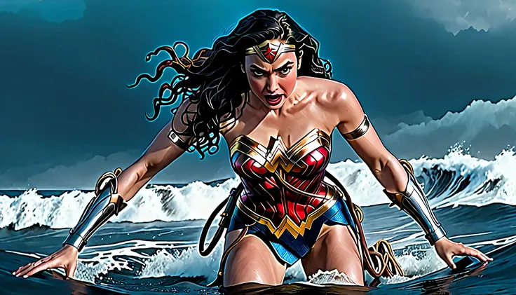 photorealistic 、 Accurate Wonder Woman costume、gal gadot、 Restrained by tentacles in the ocean 、(((X-shaped restraint)))、Tentacles crawl all over the body 、 expression of anger、Tentacles that approach pussy 、 tentacles that wrap around both legs and arms, ...