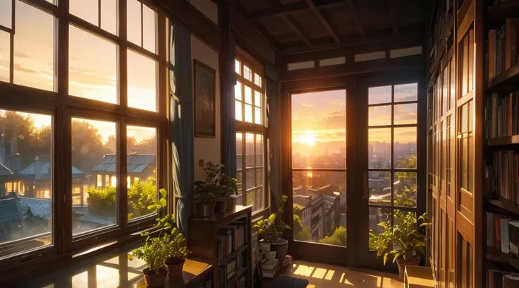  A very close up shot of a large window full of plants and books、This is a close-up shot of a large window full of plants and books ,  evening, (sunset)
