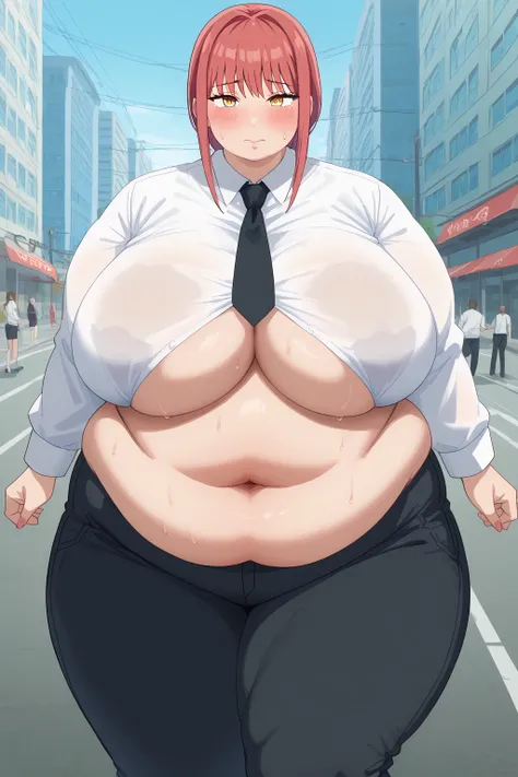 Makima, Makima,  long hair、bangs、 shirt、 Long Sleeve, yellow eyes, white  shirt、 braided 、 thighs、Red Hair、 ties, collared  shirt、 black pants 、black  ties,透けた shirt,gigantic breasts,enormous breasts,belly cleavage,Sloppy belly fat, I'm sweating a lot,runn...