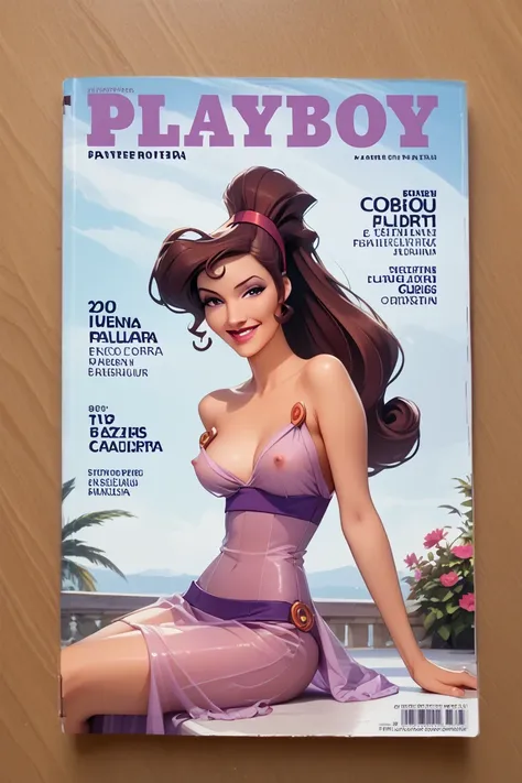 score_9, score_8_up, score_7_up, score_6_up, Playboy cover magazine, full body side view, BREAK Megara,1girl, solo, brown hair, purple headband, ponytail, thin face, naughty face, small beautiful feet, Disney 3D render, sitting on an elegant ballroom, bare...