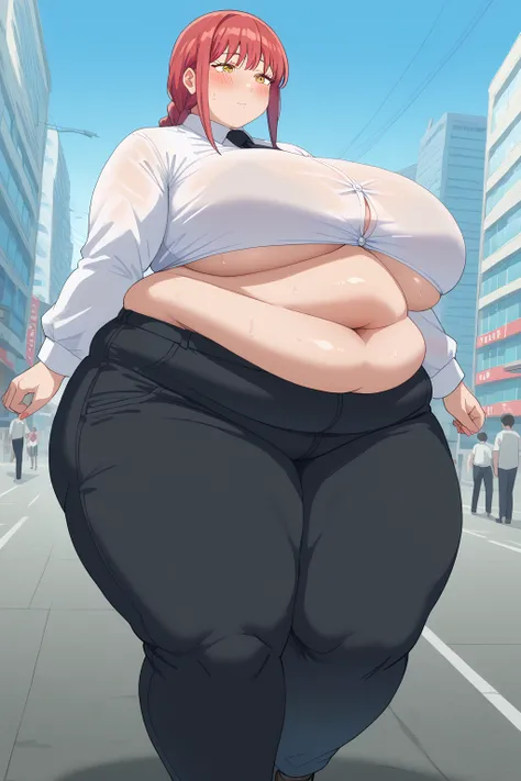 Makima, Makima,  long hair、bangs、 shirt、 Long Sleeve, yellow eyes, white  shirt、 braided 、 thighs、Red Hair、 ties, collared  shirt、 black pants 、black  ties,透けた shirt,gigantic breasts,enormous breasts,belly cleavage,Sloppy belly fat, I'm sweating a lot,runn...