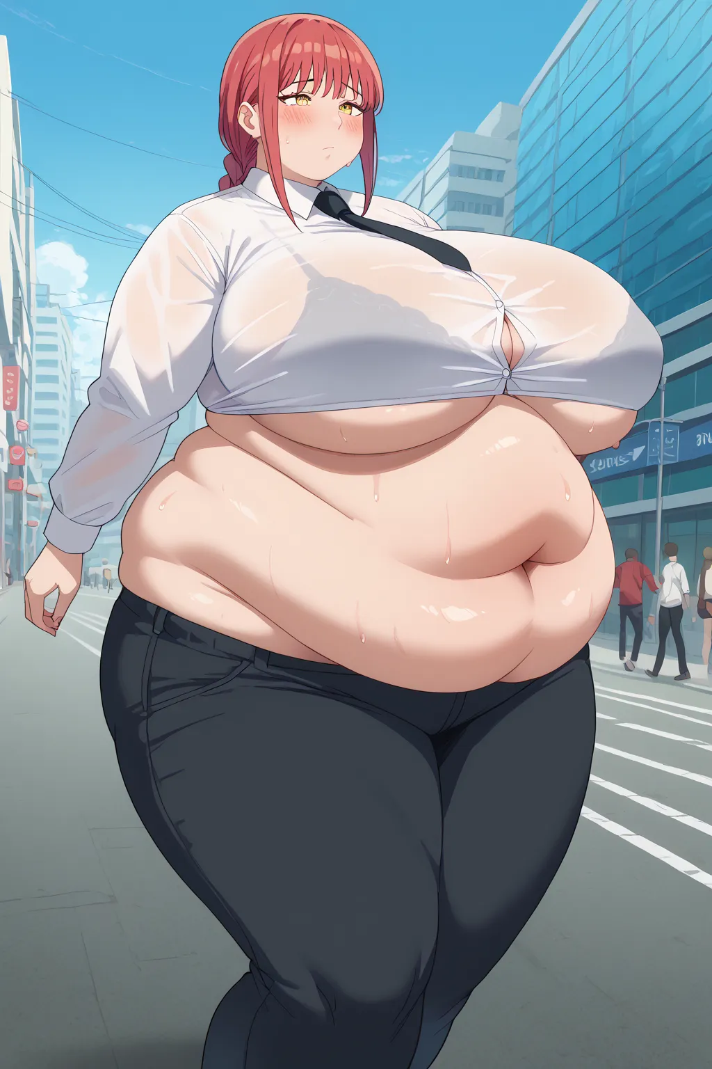 Makima, Makima,  long hair、bangs、 shirt、 Long Sleeve, yellow eyes, white  shirt、 braided 、 thighs、Red Hair、 ties, collared  shirt、 black pants 、black  ties,透けた shirt,gigantic breasts,enormous breasts,belly cleavage,Sloppy belly fat, I'm sweating a lot,runn...