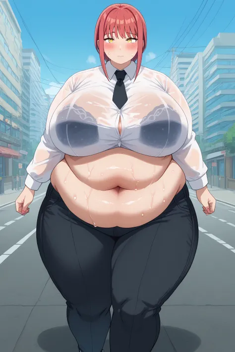 Makima, Makima,  long hair、bangs、 Long Sleeve, yellow eyes,  white shirt、Red Hair, collared shirt、 black pants 、 black tie,,gigantic breasts,enormous breasts,belly cleavage,Sloppy belly fat,steam, wet,running,sprinting,Outdoors,Urban area, tired look, emba...