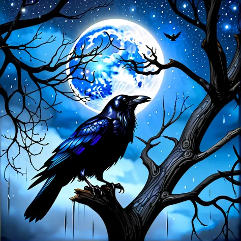  Raven with a standing pose and wings closed with its head looking up to the right with blue eyes and a black beak with blue-black plumage and black claws on a branch of a tree without leaves, with a night background with stars ,  full moon and rain all in...