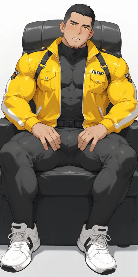 anime characters：Gyee, whole body, Buzz Cut, In a clean and tidy bedroom, Sit on an upscale sofa massage chair, The top is all meat pads, It has lots of milky white mucus on it, He grits his teeth, He wears a dark yellow Police suit, Wear a black turtlenec...