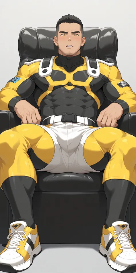 anime characters：Gyee, whole body, Buzz Cut, In a clean and tidy bedroom, Sit on an upscale sofa massage chair, The top is all meat pads, It has lots of milky white mucus on it, He grits his teeth, He wears a dark yellow Police suit, Wear a black turtlenec...